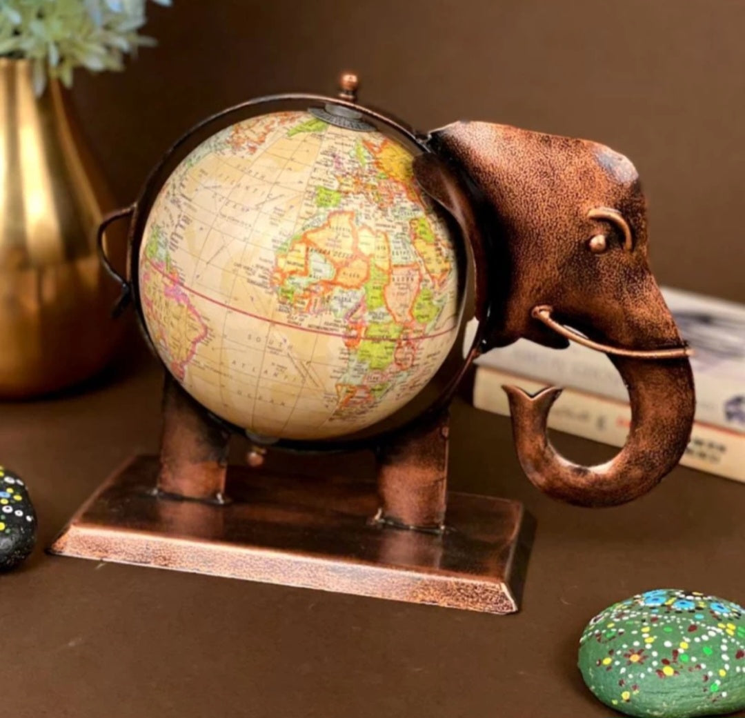 intage Elephant Globe Showpiece – Antique Metal Decorative Table Accent