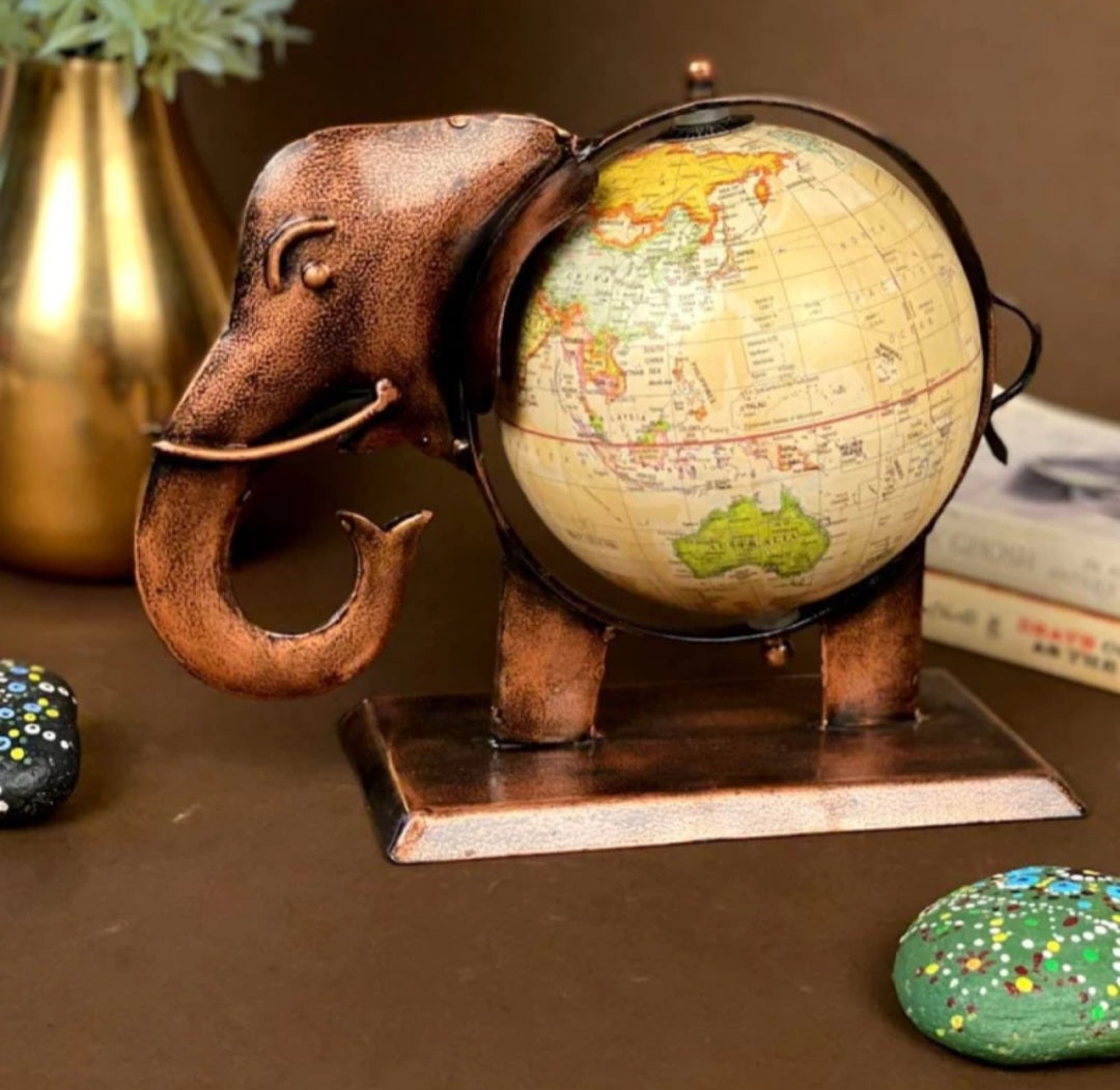 intage Elephant Globe Showpiece – Antique Metal Decorative Table Accent