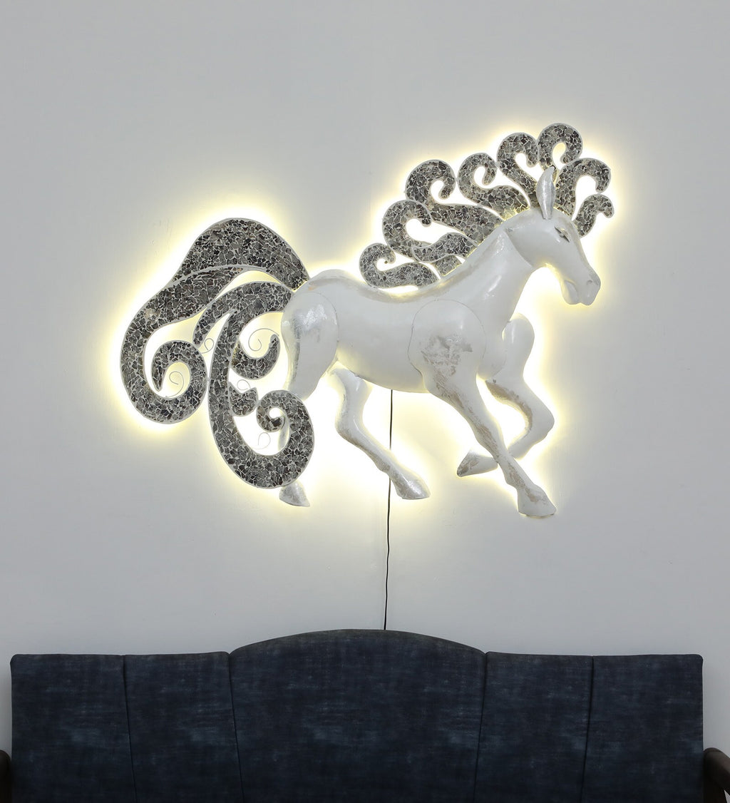 Elegant White Horse Metal Wall Art with LED Backlight (48 x 37 inches)