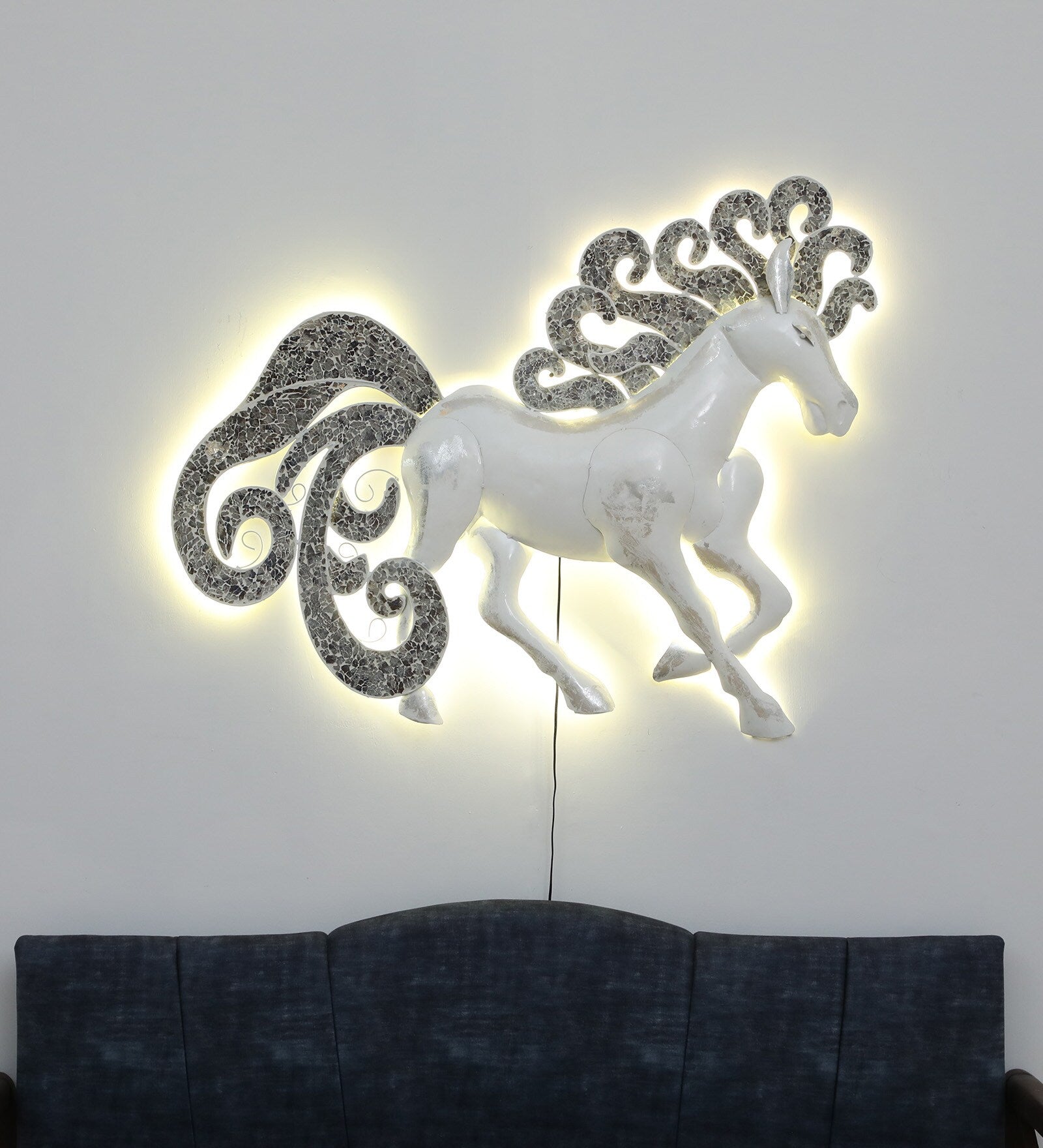 Elegant White Horse Metal Wall Art with LED Backlight (48 x 37 inches)