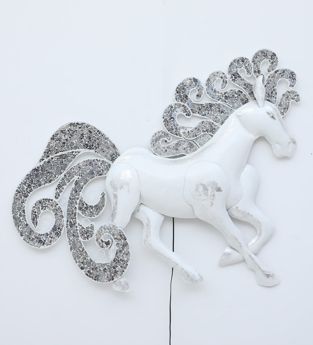 Elegant White Horse Metal Wall Art with LED Backlight (48 x 37 inches)