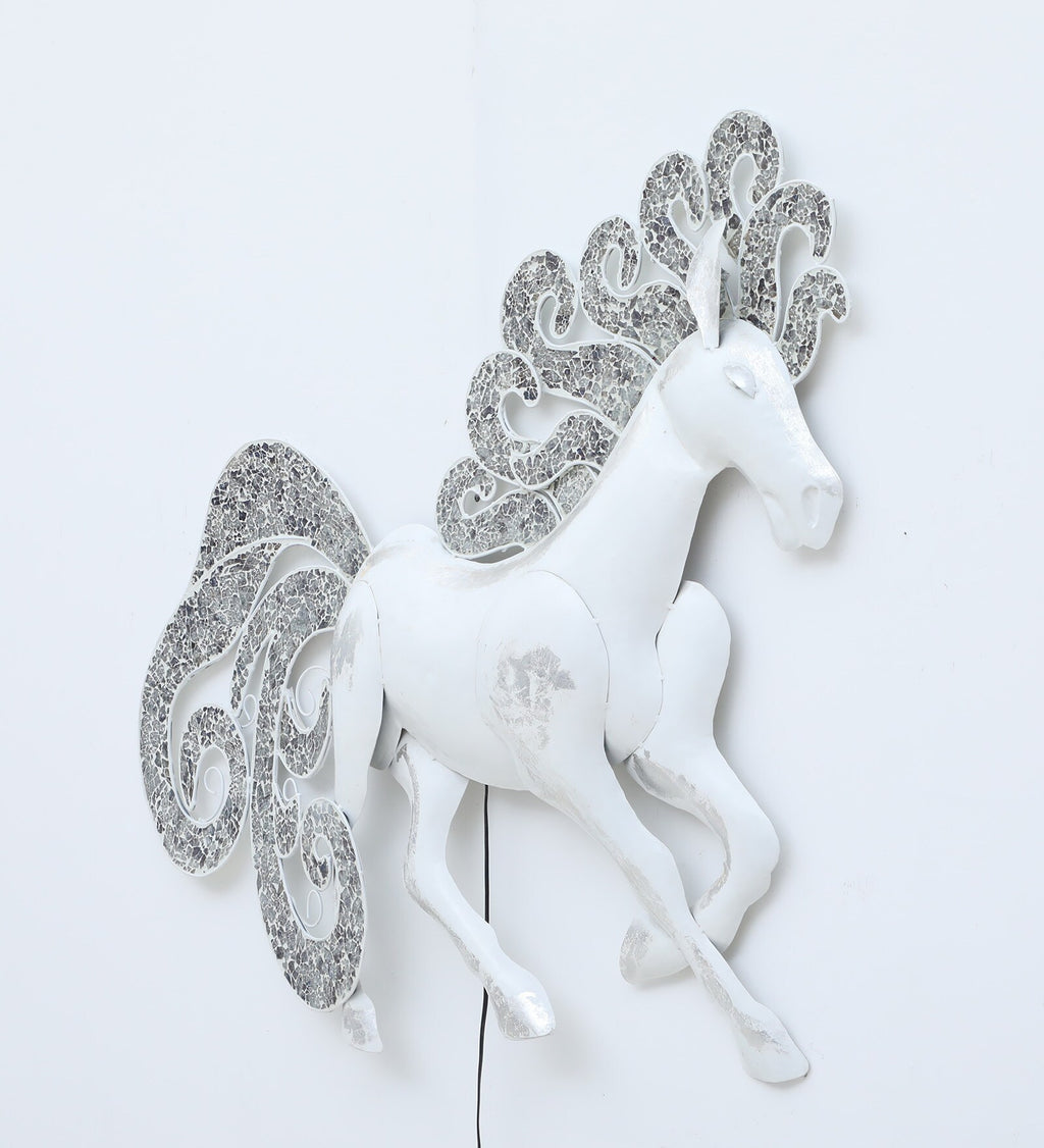 Elegant White Horse Metal Wall Art with LED Backlight (48 x 37 inches)