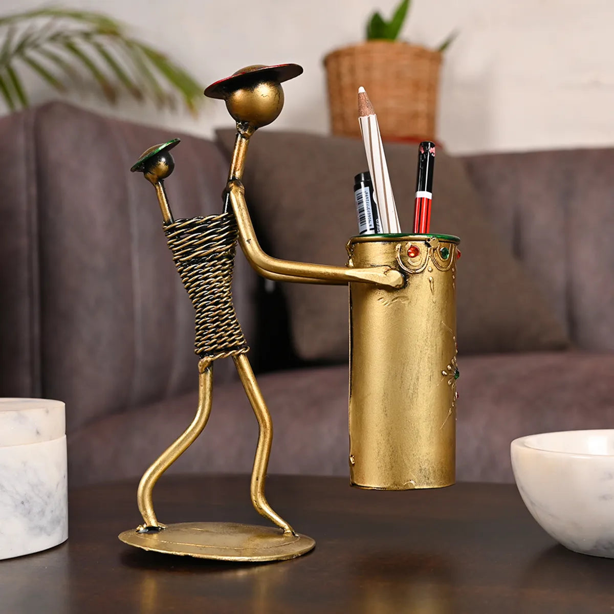 Handcrafted Metal Tribal Pen Stand – Elegant Tabletop Organizer