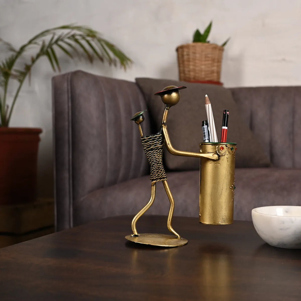 Handcrafted Metal Tribal Pen Stand – Elegant Tabletop Organizer