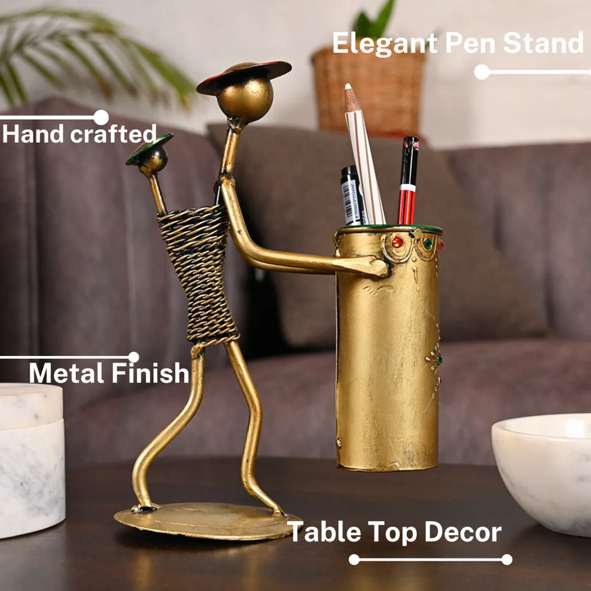 Handcrafted Metal Tribal Pen Stand – Elegant Tabletop Organizer