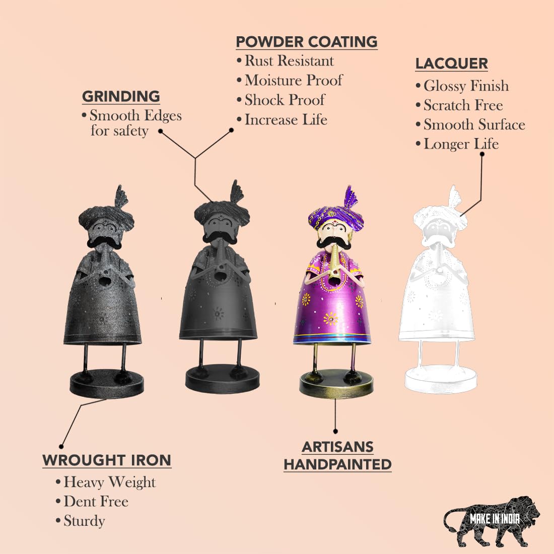 Handcrafted Rajasthani Musician Figurines – Set of 3 Wrought Iron Decorative Showpieces