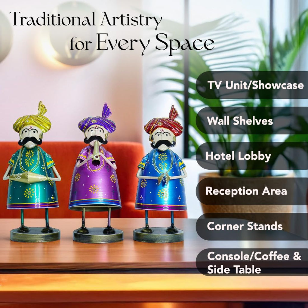 Handcrafted Rajasthani Musician Figurines – Set of 3 Wrought Iron Decorative Showpieces