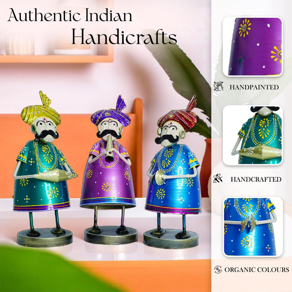 Handcrafted Rajasthani Musician Figurines – Set of 3 Wrought Iron Decorative Showpieces
