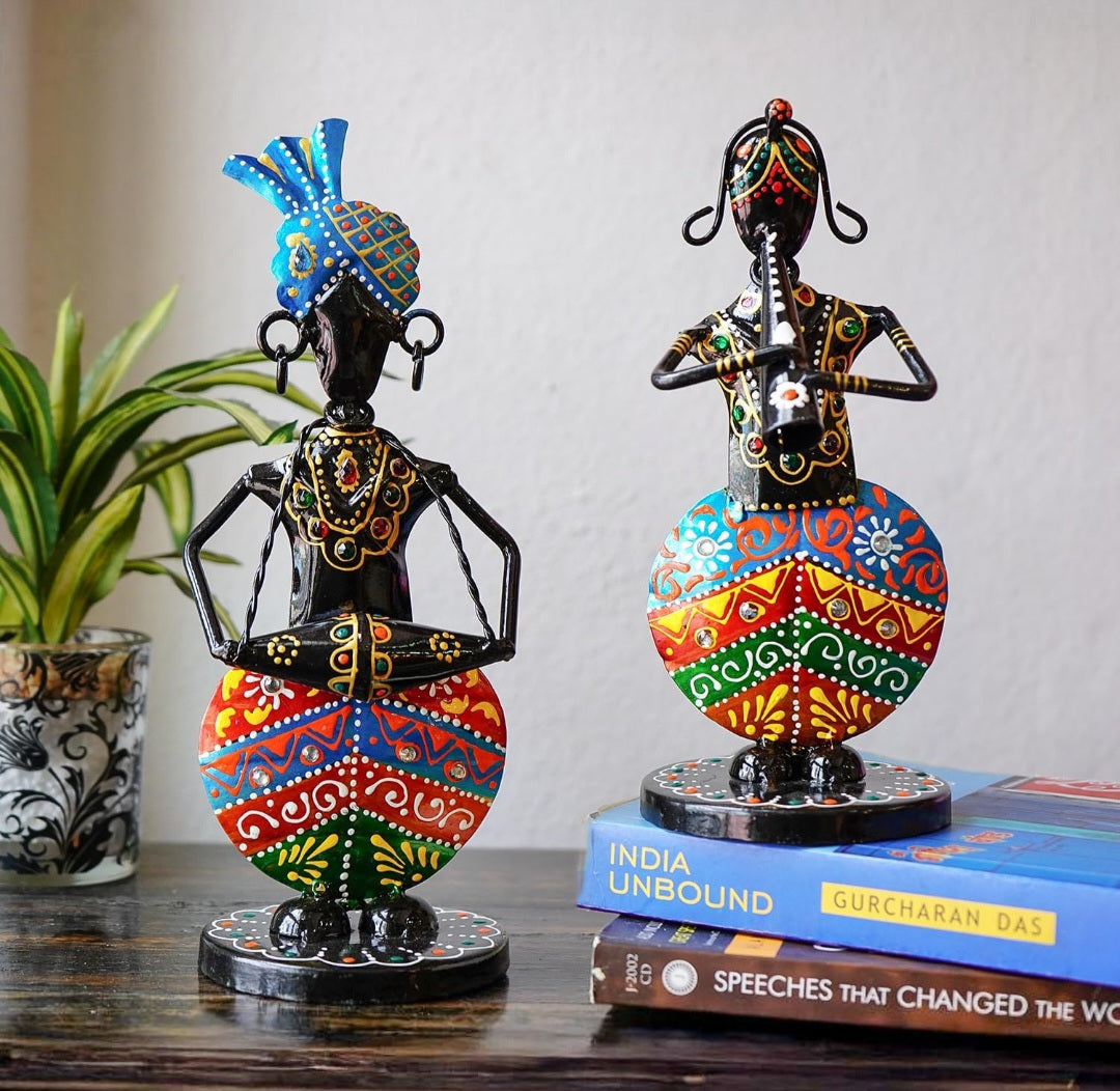 Handcrafted Tribal Musician Figurines – Set of 2 Wrought Iron Table Decor