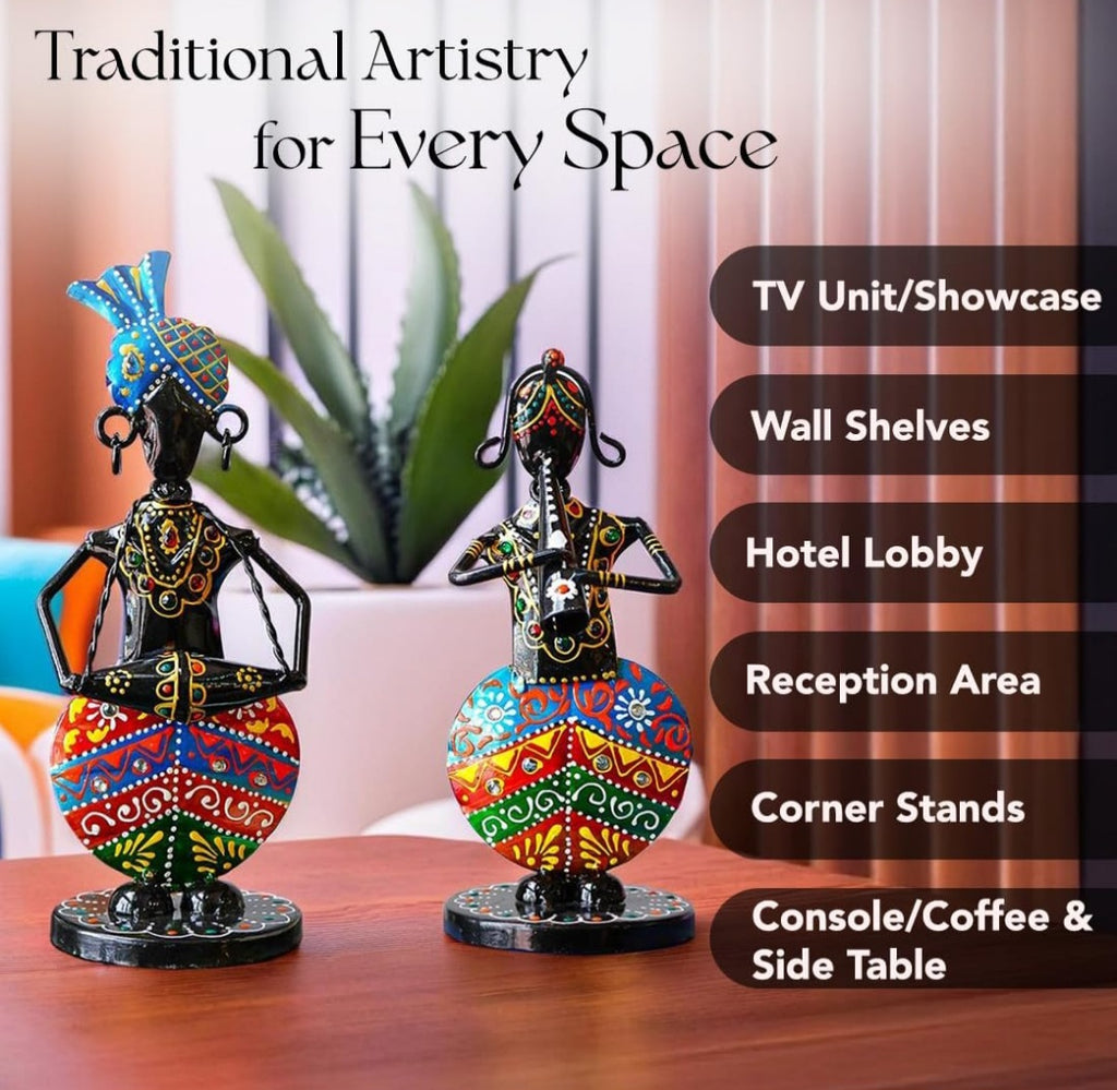 Handcrafted Tribal Musician Figurines – Set of 2 Wrought Iron Table Decor