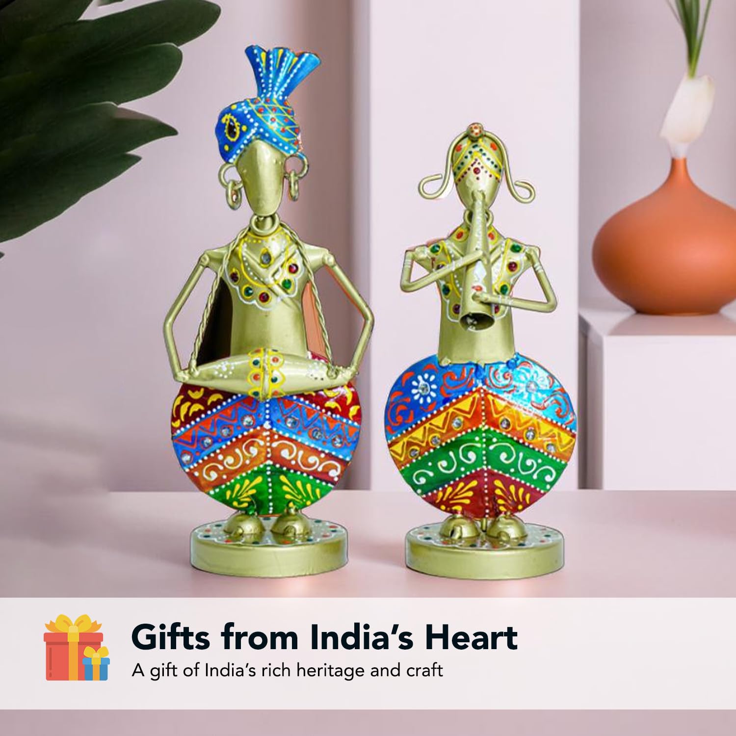 Handcrafted Tribal Musician Figurines – Set of 2 Wrought Iron Table Decor