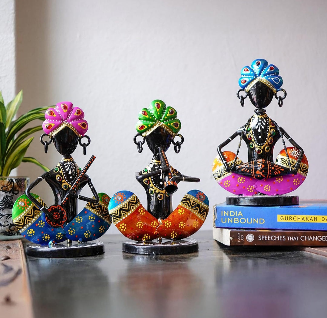 Handcrafted Rajasthani Musician Figurines – Set of 3 Wrought Iron Table Décor