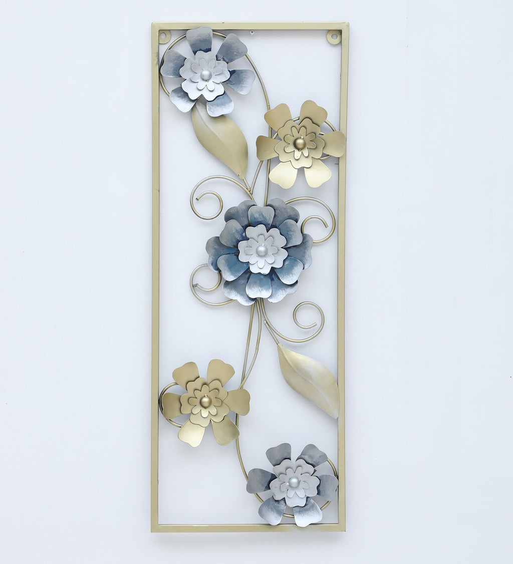 Elegant Blue & Gold Floral Metal Wall Art (33.5 x 12.5 Inch)