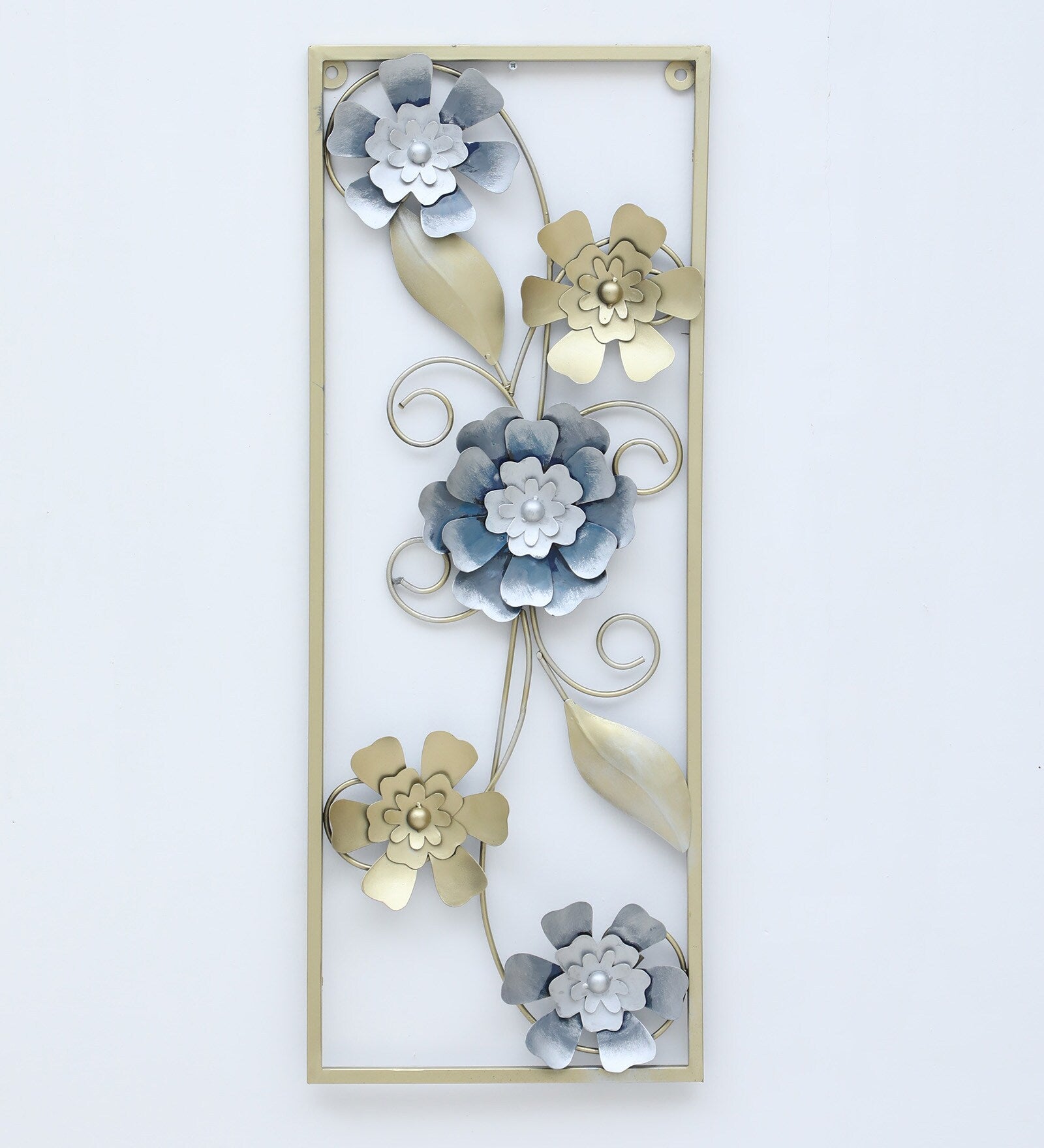 Elegant Blue & Gold Floral Metal Wall Art (33.5 x 12.5 Inch)