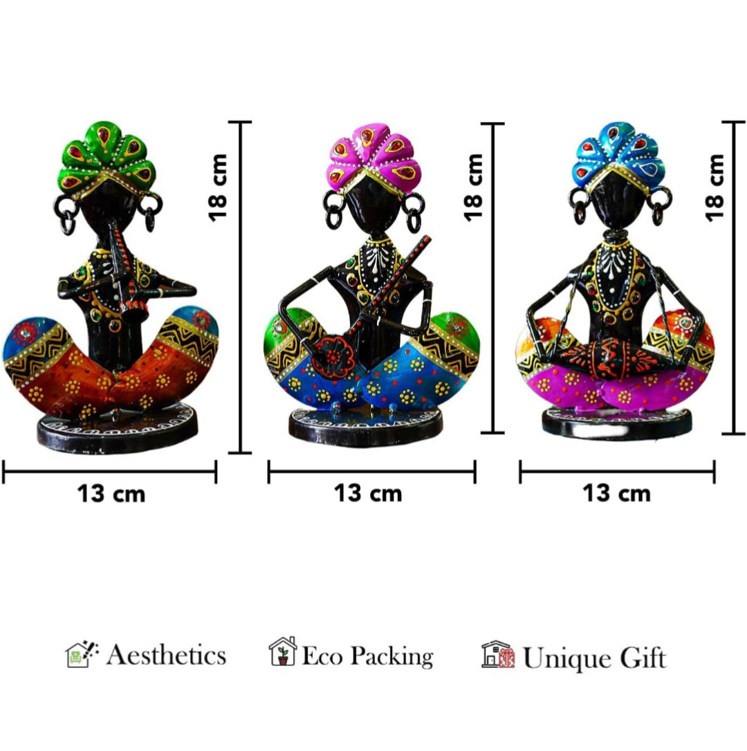 Handcrafted Rajasthani Musician Figurines – Set of 3 Wrought Iron Table Décor