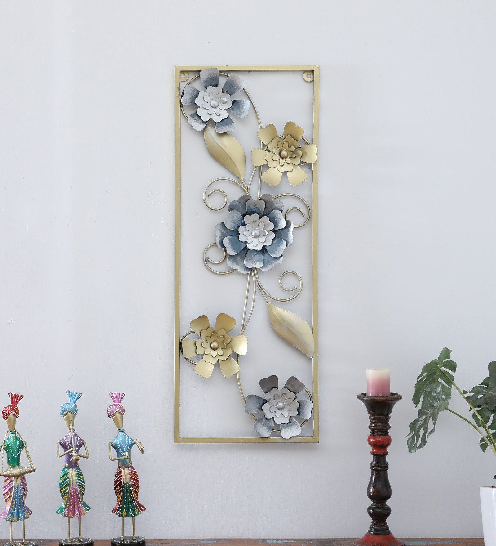Elegant Blue & Gold Floral Metal Wall Art (33.5 x 12.5 Inch)