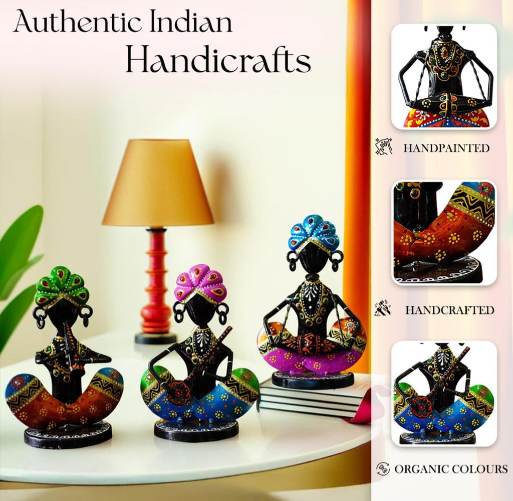 Handcrafted Rajasthani Musician Figurines – Set of 3 Wrought Iron Table Décor