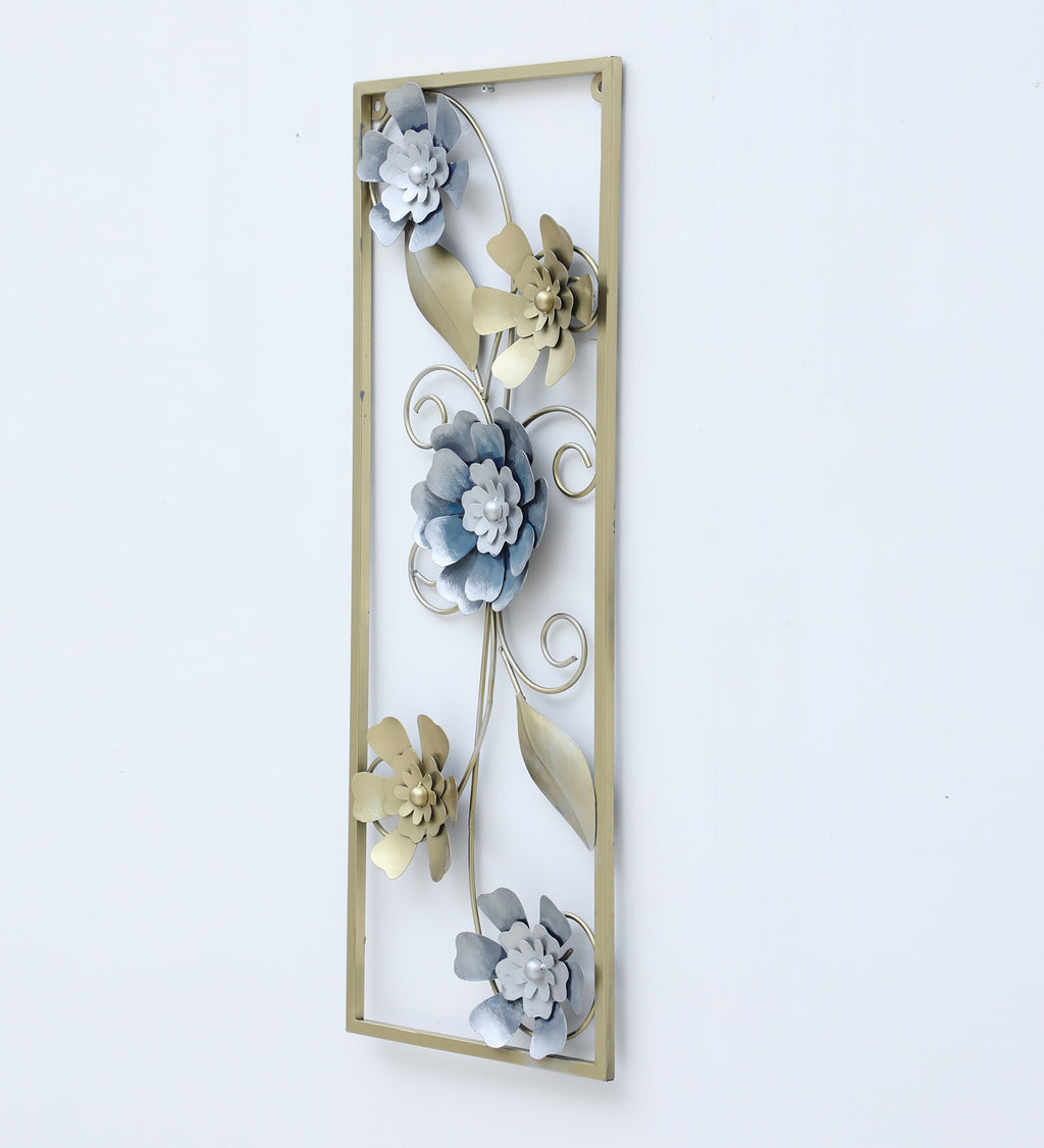 Elegant Blue & Gold Floral Metal Wall Art (33.5 x 12.5 Inch)
