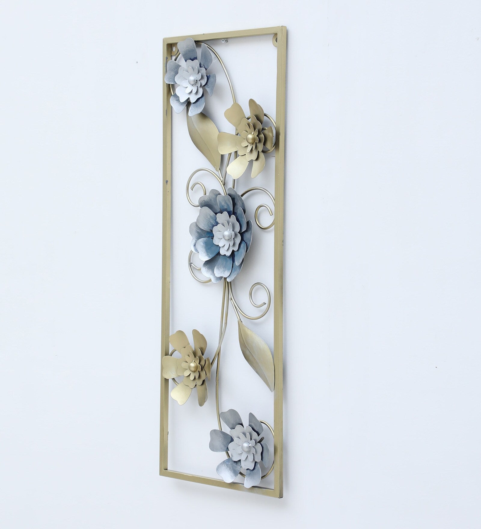 Elegant Blue & Gold Floral Metal Wall Art (33.5 x 12.5 Inch)