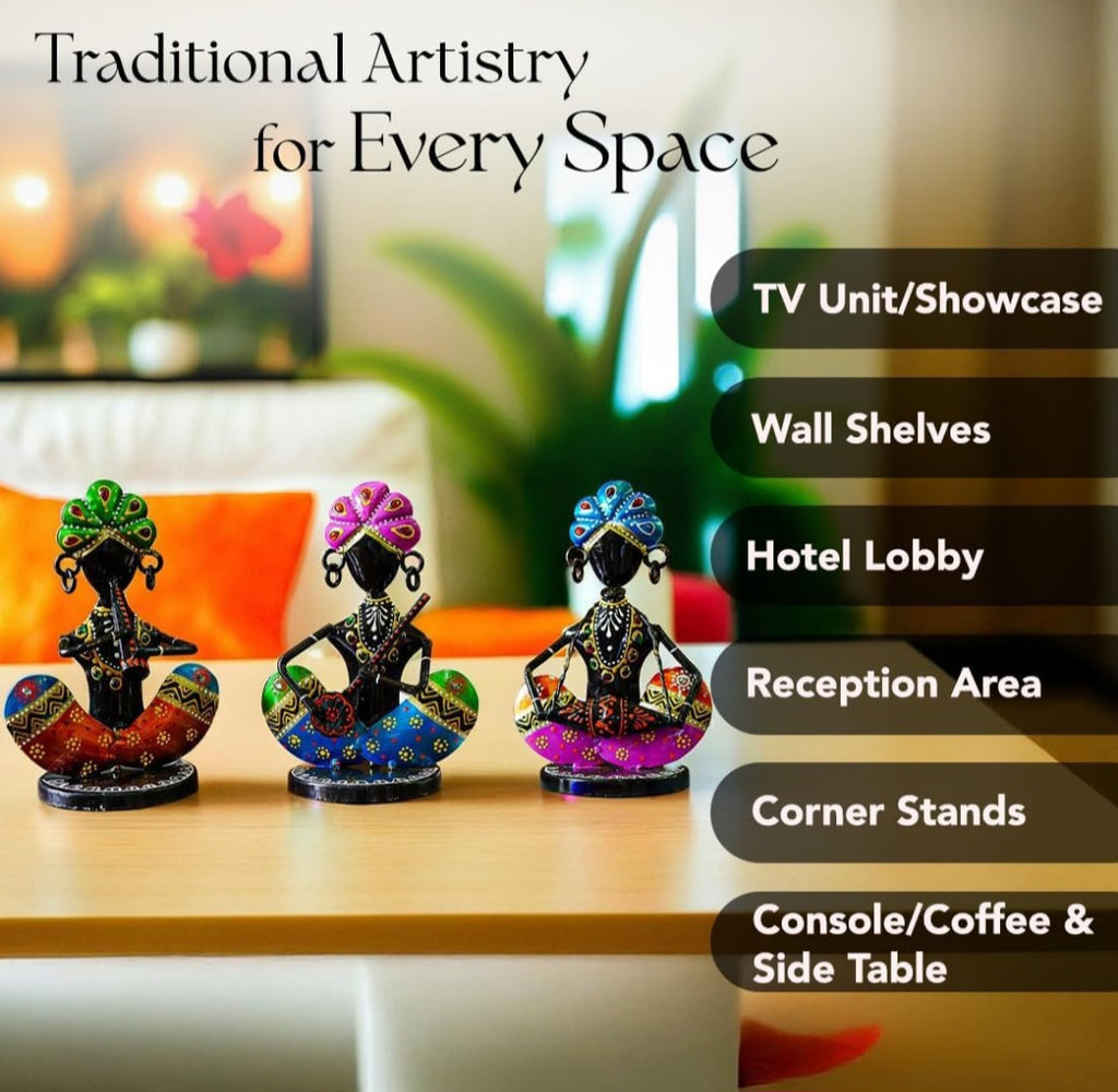 Handcrafted Rajasthani Musician Figurines – Set of 3 Wrought Iron Table Décor