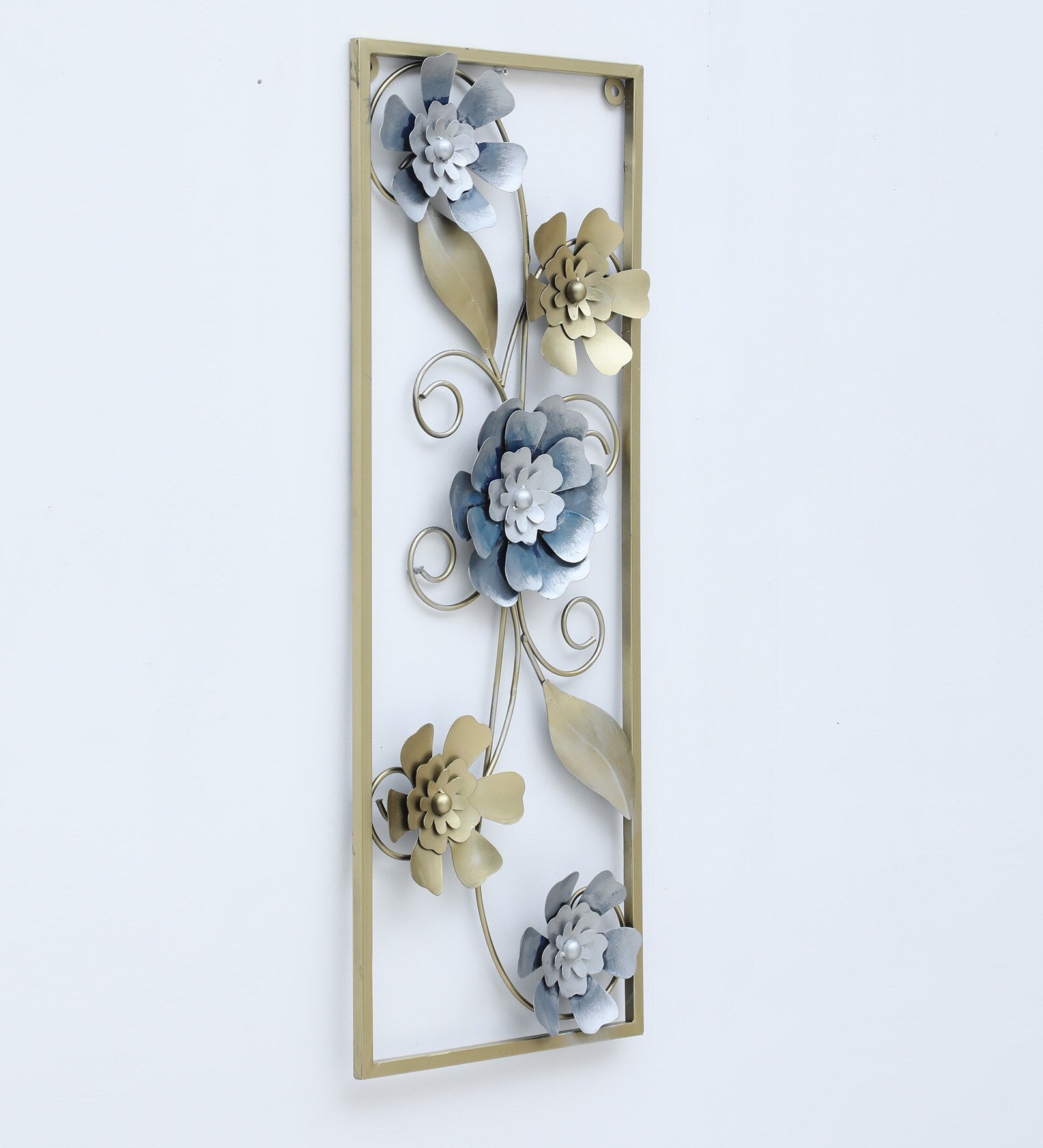 Elegant Blue & Gold Floral Metal Wall Art (33.5 x 12.5 Inch)