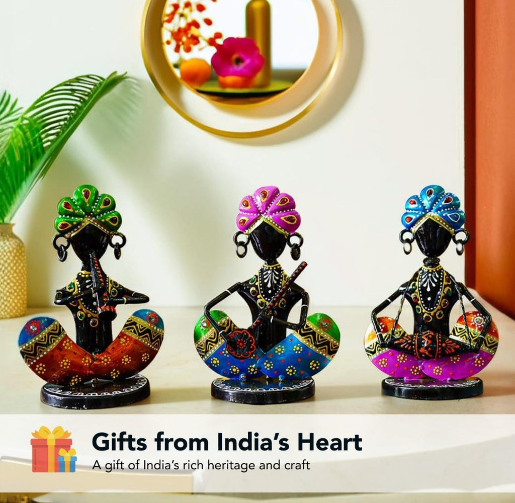 Handcrafted Rajasthani Musician Figurines – Set of 3 Wrought Iron Table Décor