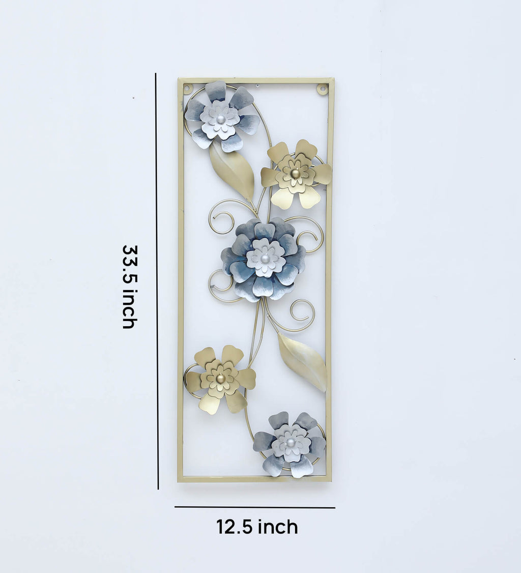 Elegant Blue & Gold Floral Metal Wall Art (33.5 x 12.5 Inch)