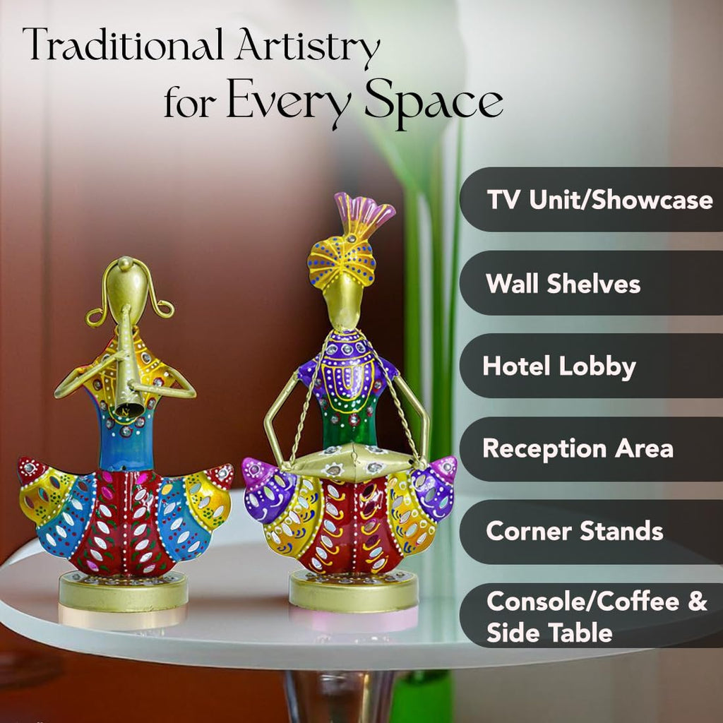 Colorful Rajasthani Musician Couple Metal Figurines (Set of 2)