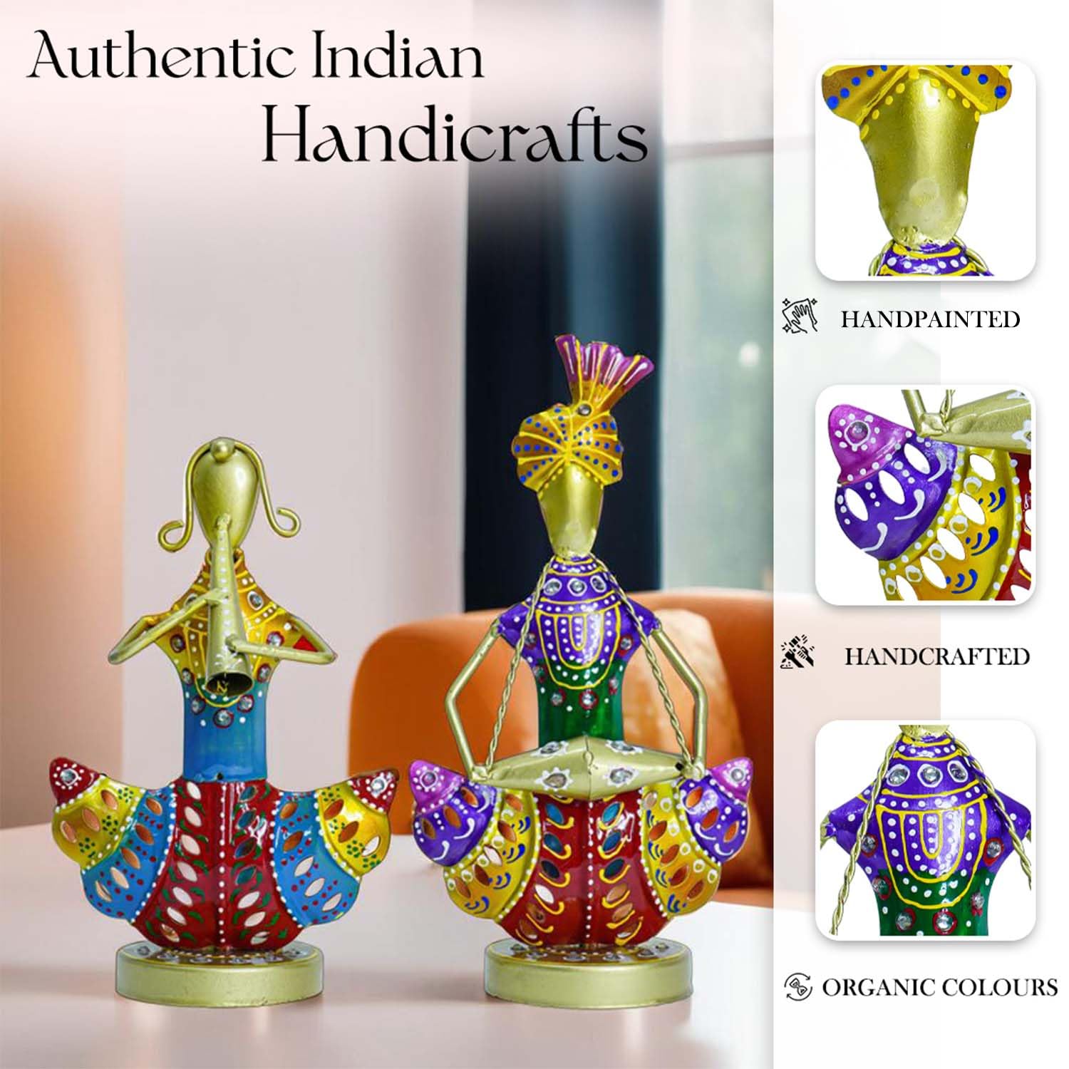 Colorful Rajasthani Musician Couple Metal Figurines (Set of 2)