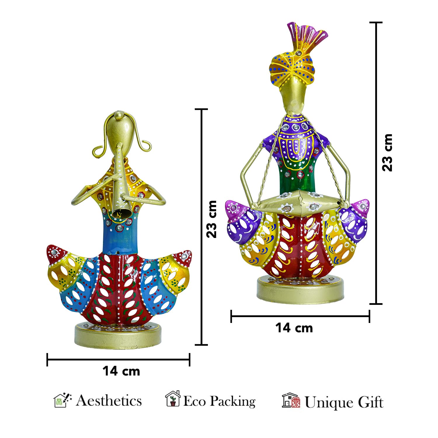 Colorful Rajasthani Musician Couple Metal Figurines (Set of 2)