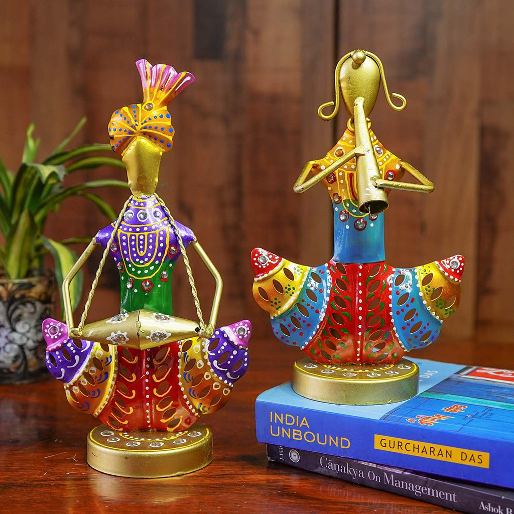 Colorful Rajasthani Musician Couple Metal Figurines (Set of 2)