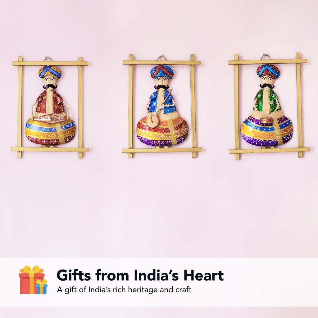 Handcrafted Rajasthani Musician Wall Hanging Set (Set of 3 – Multicolor Iron Art Frames)