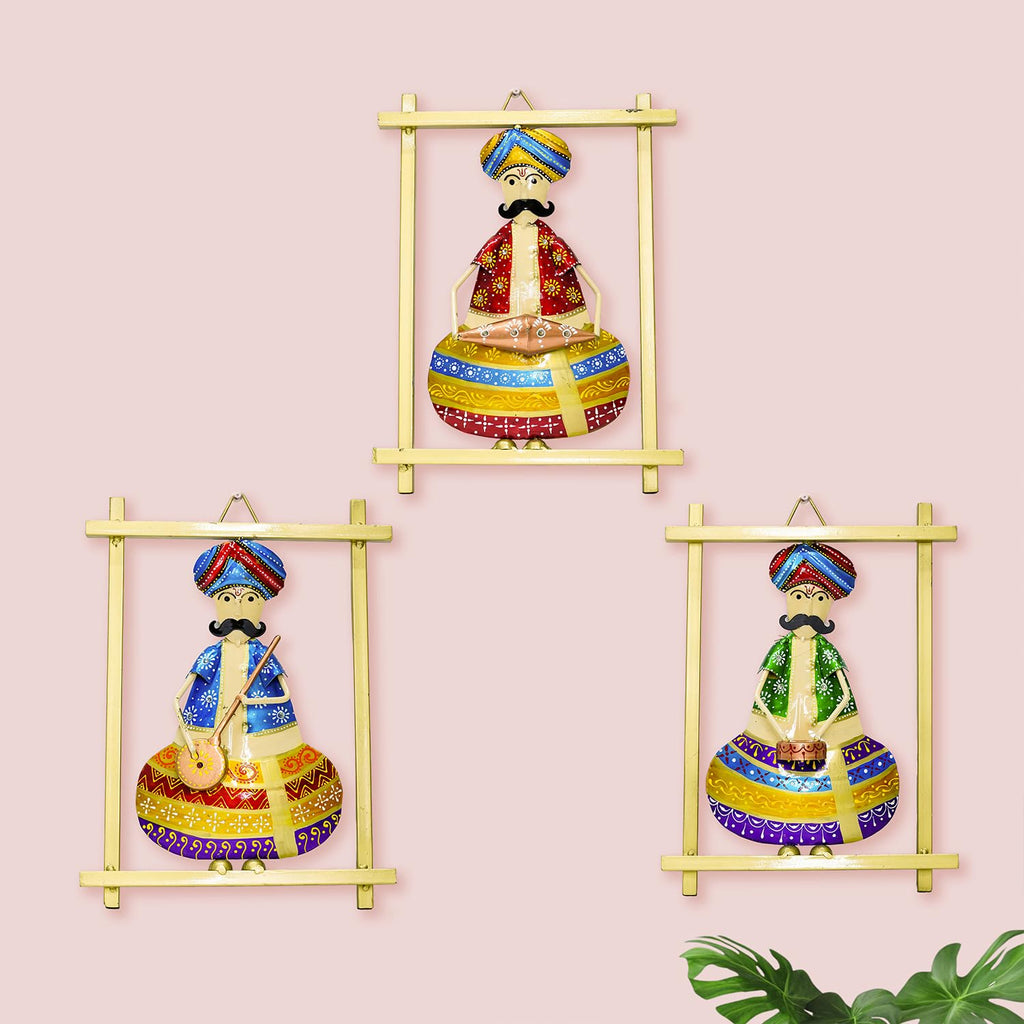 Handcrafted Rajasthani Musician Wall Hanging Set (Set of 3 – Multicolor Iron Art Frames)