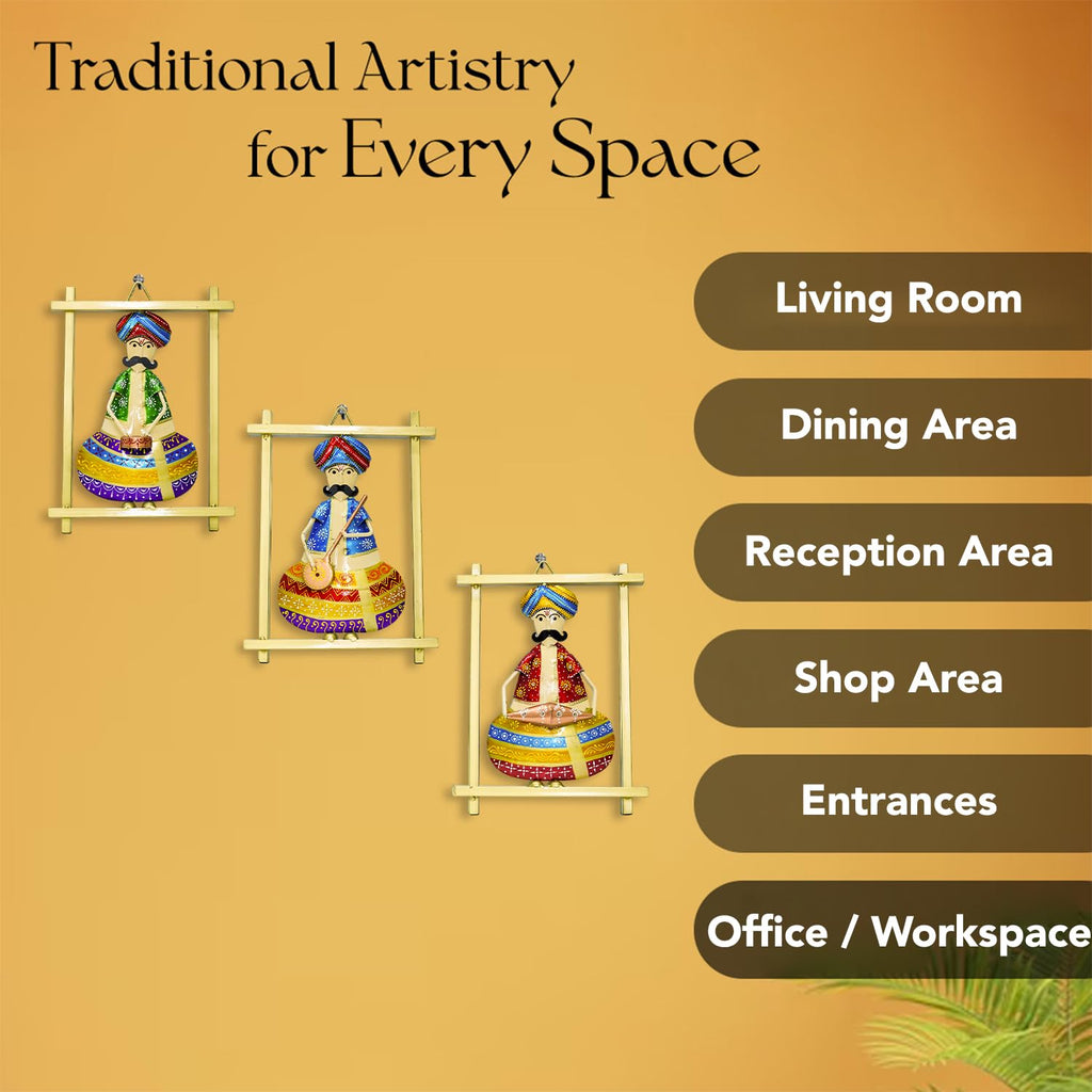 Handcrafted Rajasthani Musician Wall Hanging Set (Set of 3 – Multicolor Iron Art Frames)