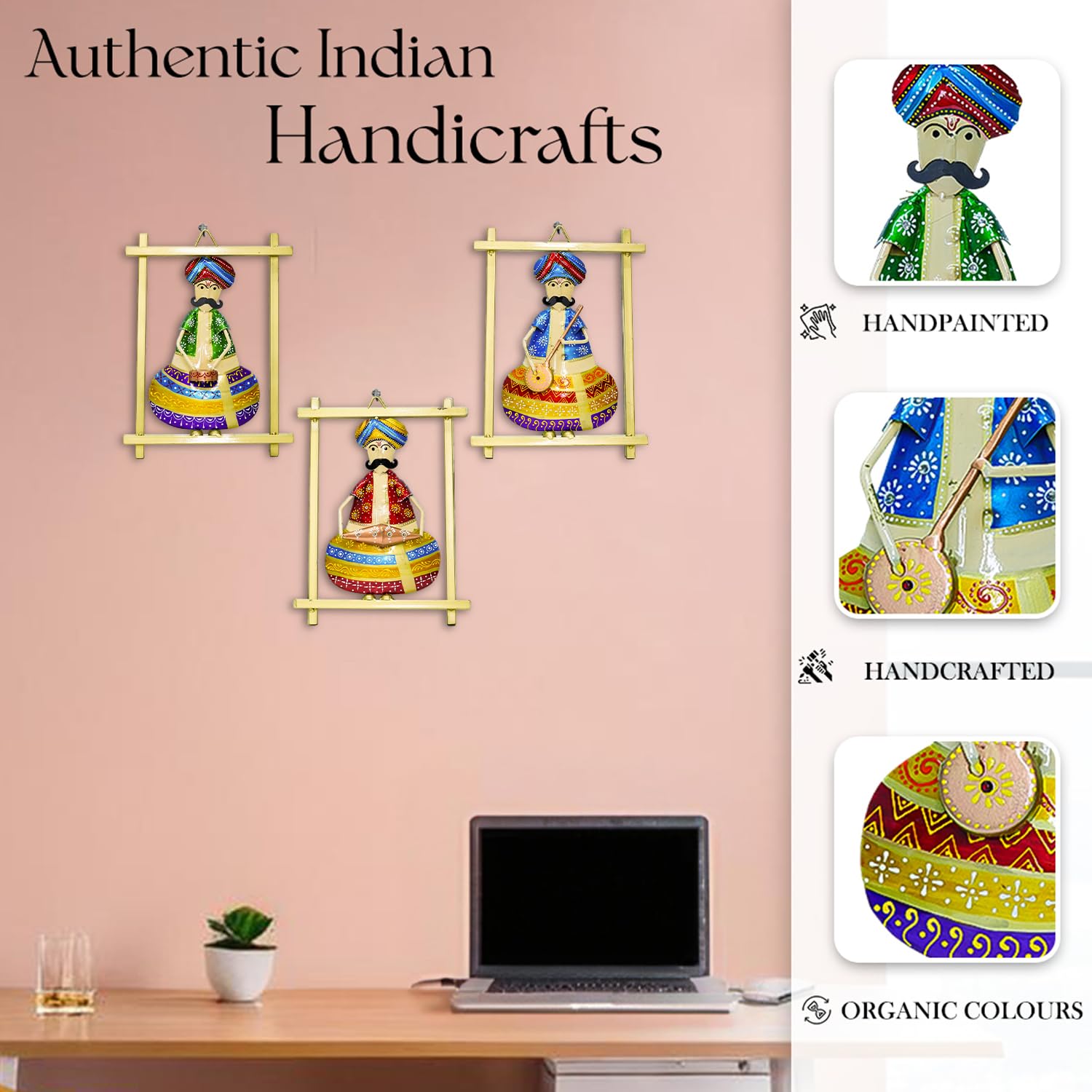 Handcrafted Rajasthani Musician Wall Hanging Set (Set of 3 – Multicolor Iron Art Frames)