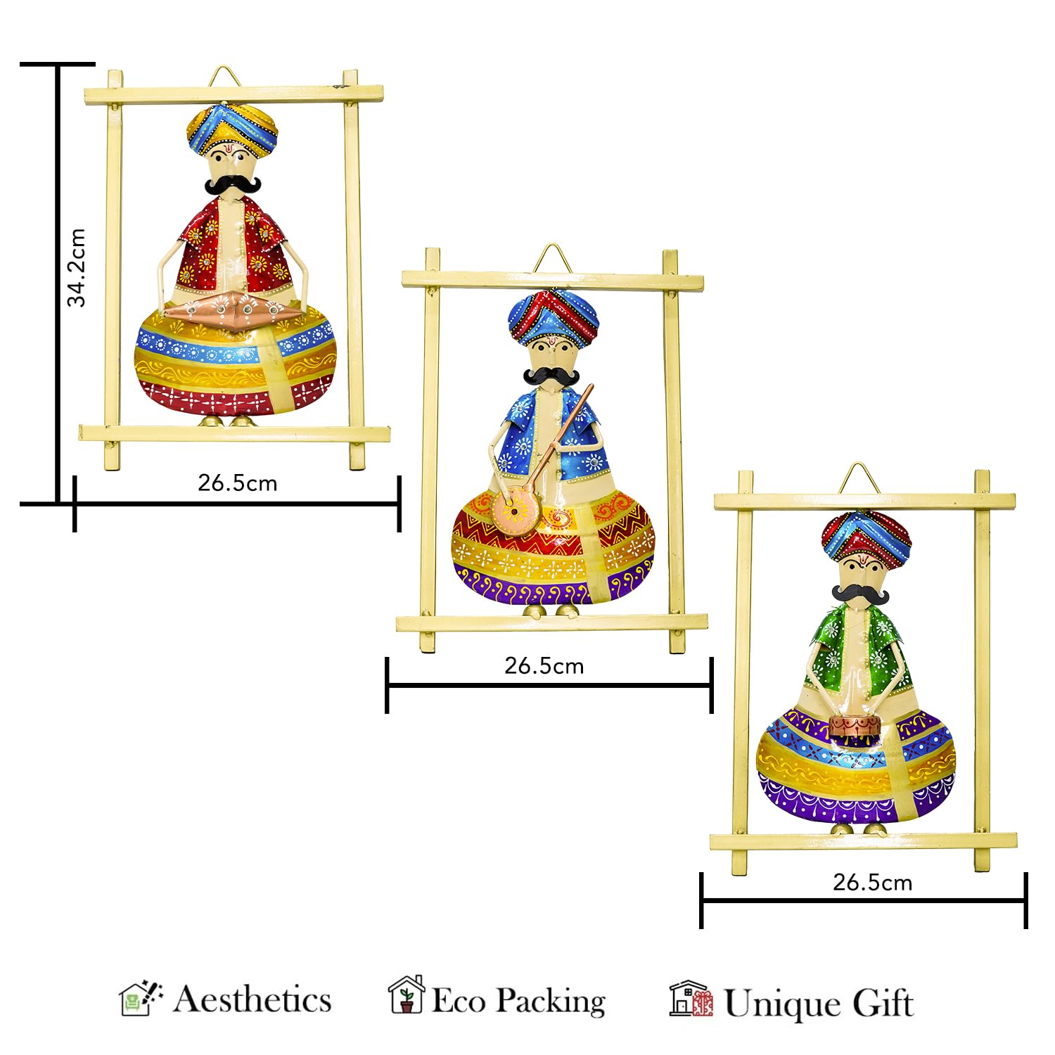 Handcrafted Rajasthani Musician Wall Hanging Set (Set of 3 – Multicolor Iron Art Frames)