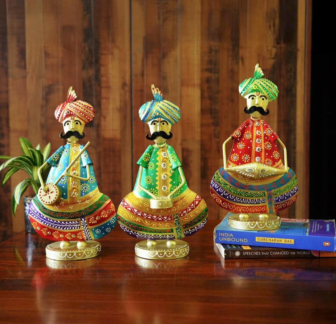 Handcrafted Rajasthani Musician Metal Figurine Set (Set of 3 – Multicolor Iron Art)