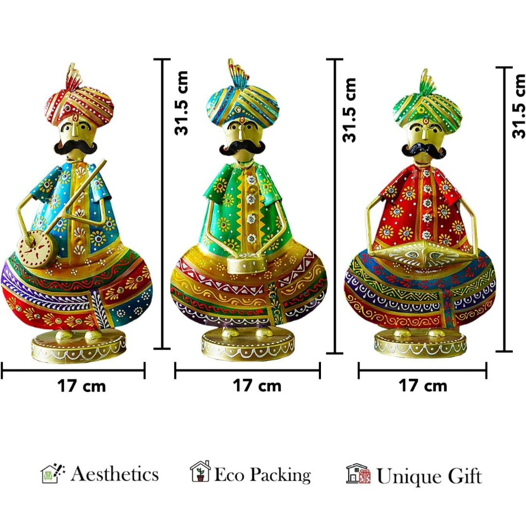 Handcrafted Rajasthani Musician Metal Figurine Set (Set of 3 – Multicolor Iron Art)