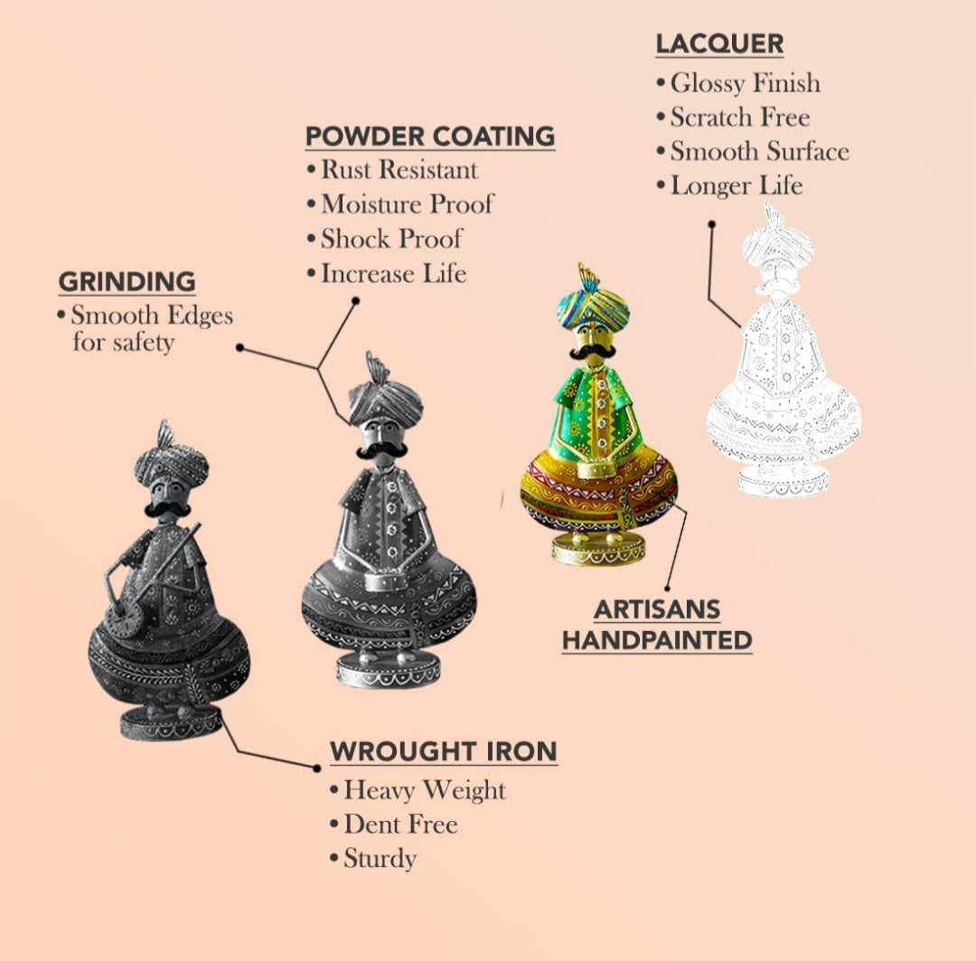 Handcrafted Rajasthani Musician Metal Figurine Set (Set of 3 – Multicolor Iron Art)