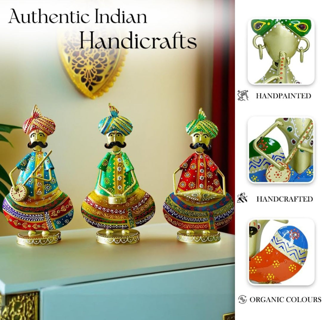 Handcrafted Rajasthani Musician Metal Figurine Set (Set of 3 – Multicolor Iron Art)
