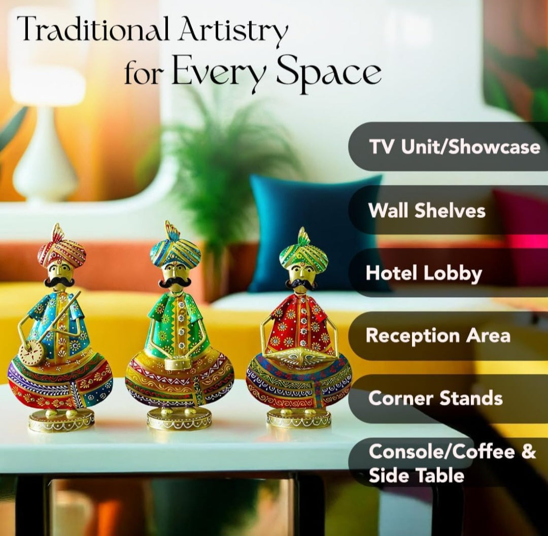 Handcrafted Rajasthani Musician Metal Figurine Set (Set of 3 – Multicolor Iron Art)