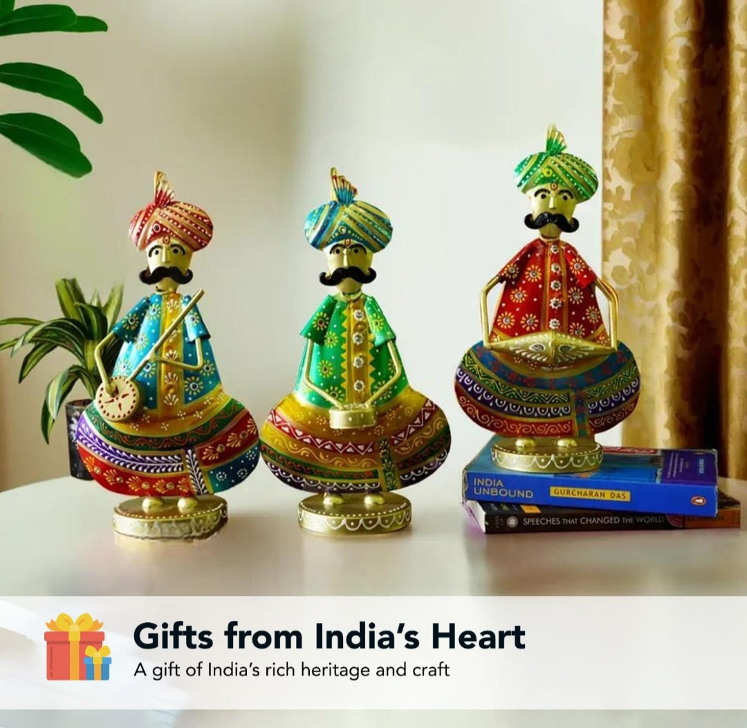Handcrafted Rajasthani Musician Metal Figurine Set (Set of 3 – Multicolor Iron Art)