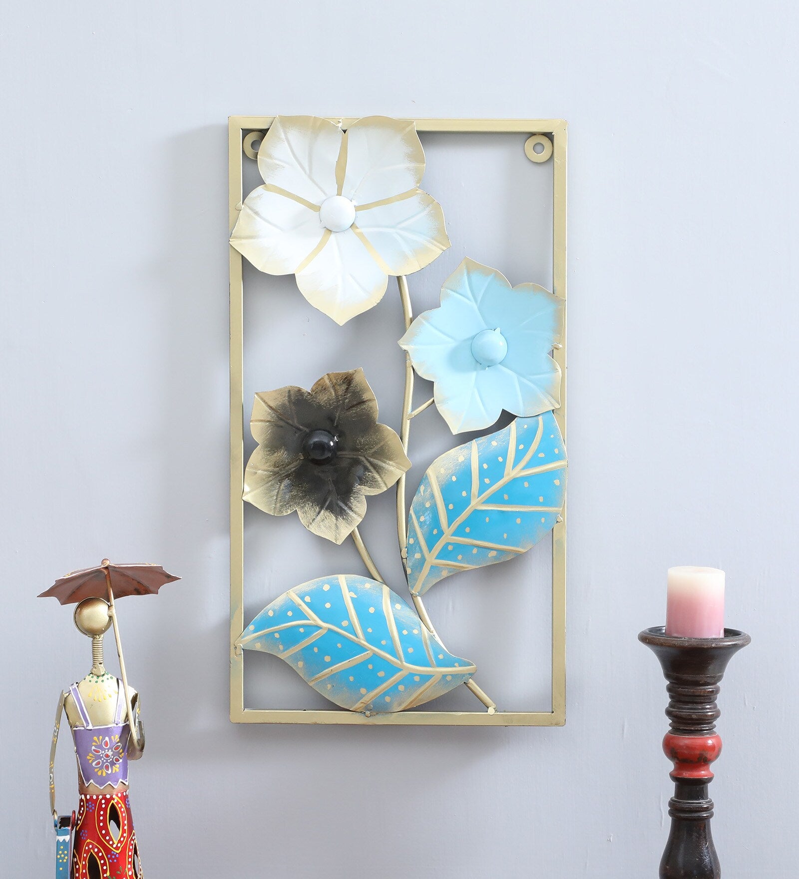 Elegant Blue Floral Metal Wall Art (21.5 x 12 Inch)