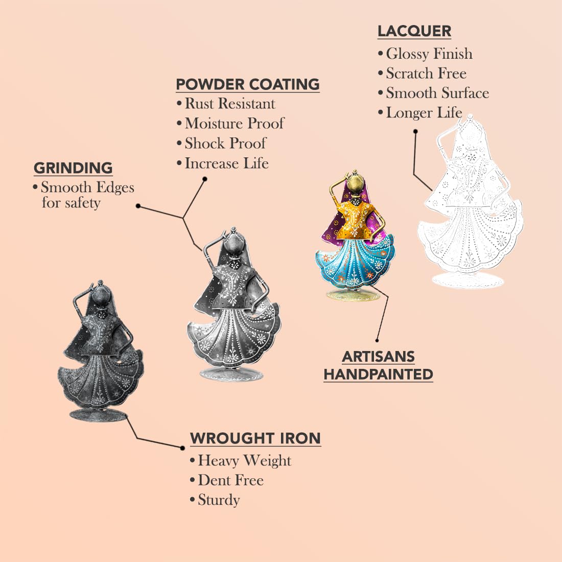 Handcrafted Rajasthani Iron Dancing Lady Figurines – Traditional Art in Vibrant Hues