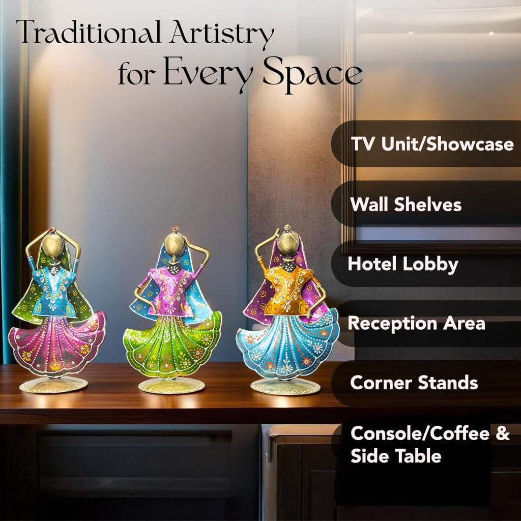 Handcrafted Rajasthani Iron Dancing Lady Figurines – Traditional Art in Vibrant Hues