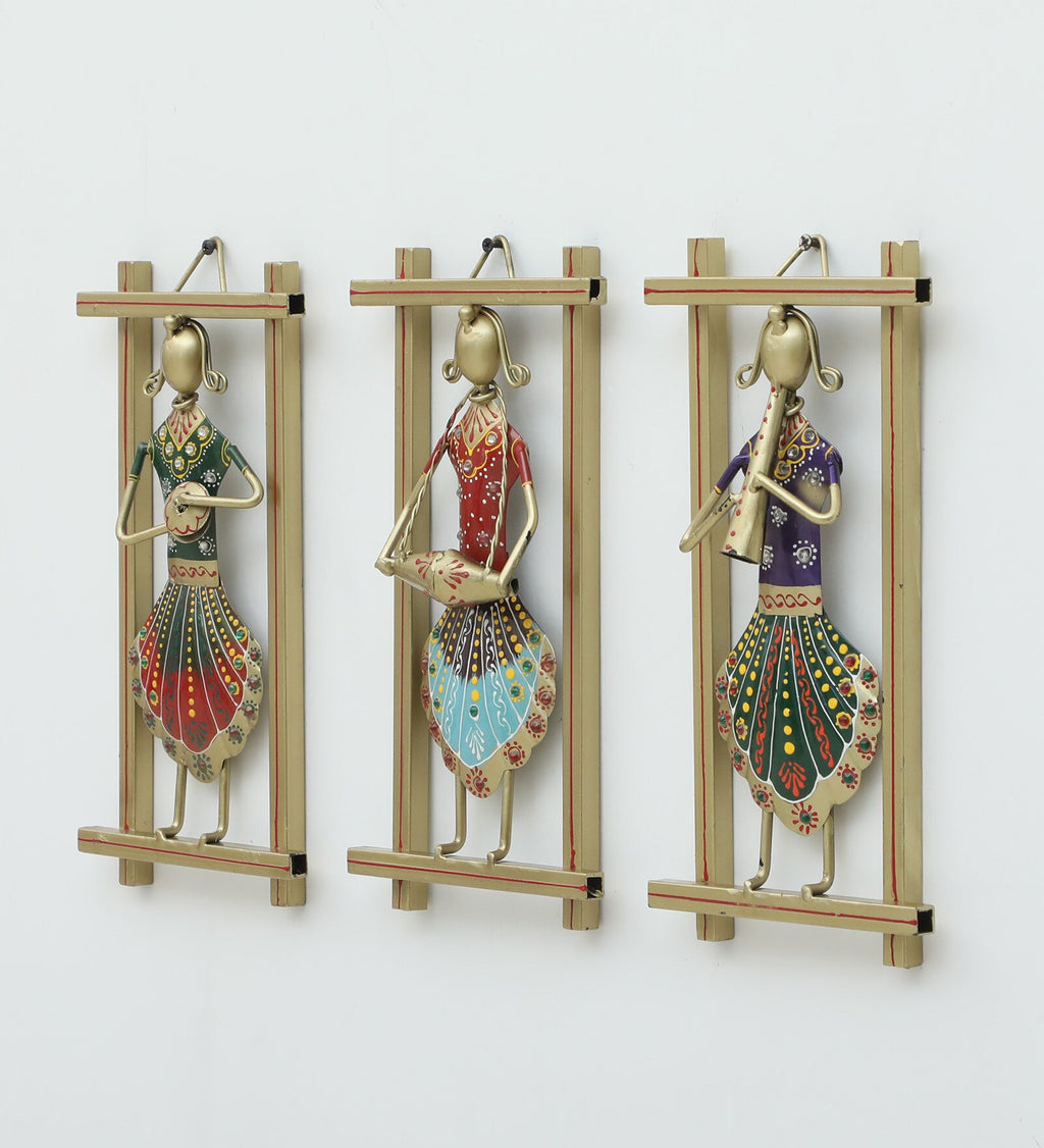 Handcrafted Rajasthani Musician Wall Hanging Set – Iron Frame Art for Home Decor (Set of 3)