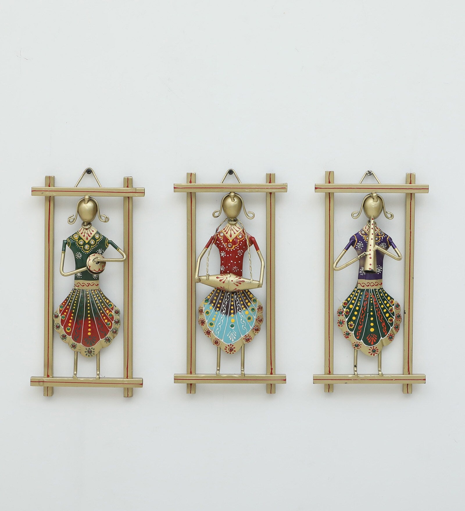 Handcrafted Rajasthani Musician Wall Hanging Set – Iron Frame Art for Home Decor (Set of 3)