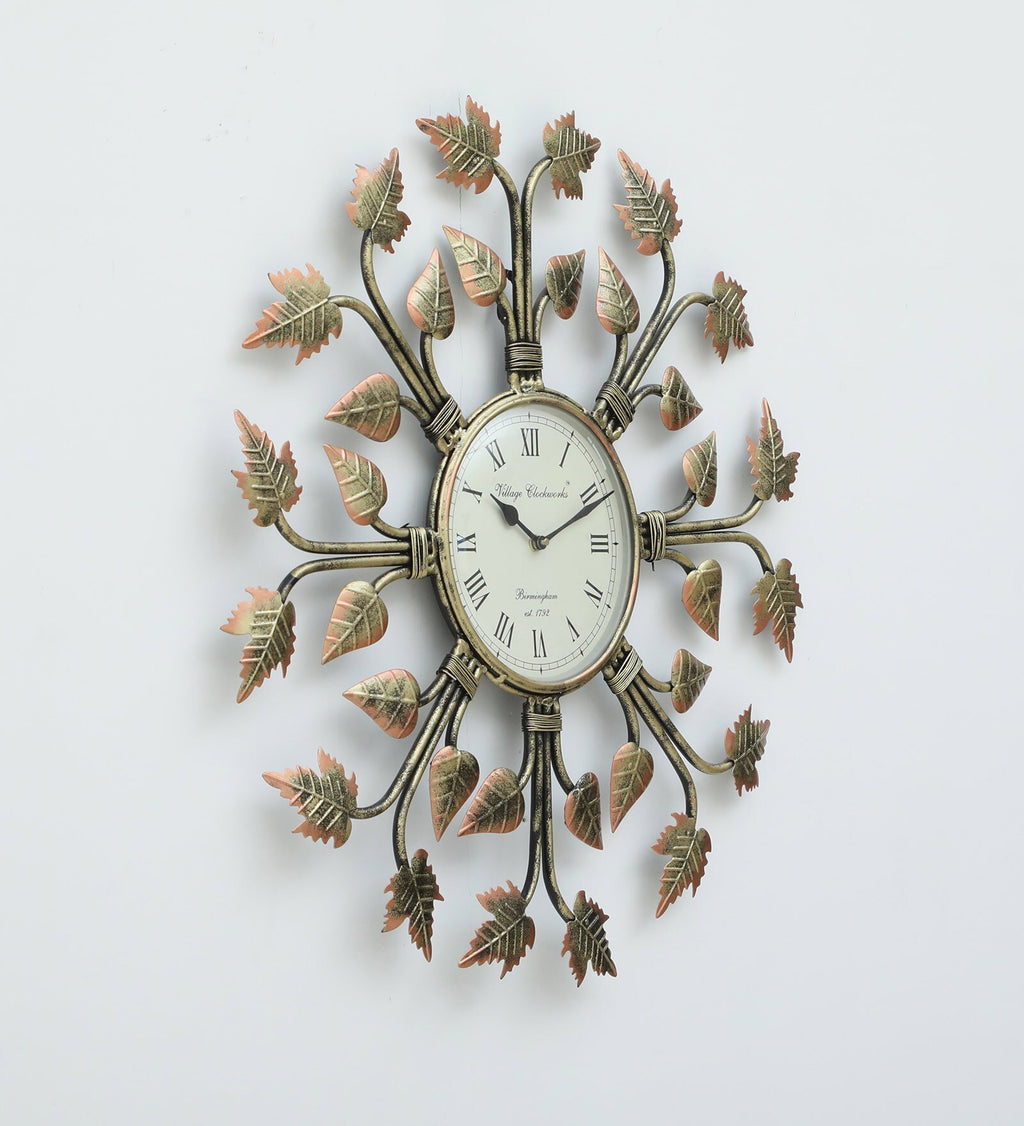 Elegant Leaf-Themed Metal Wall Clock