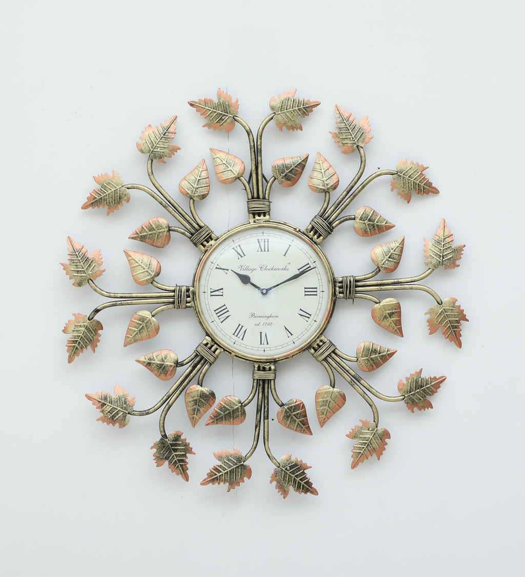 Elegant Leaf-Themed Metal Wall Clock