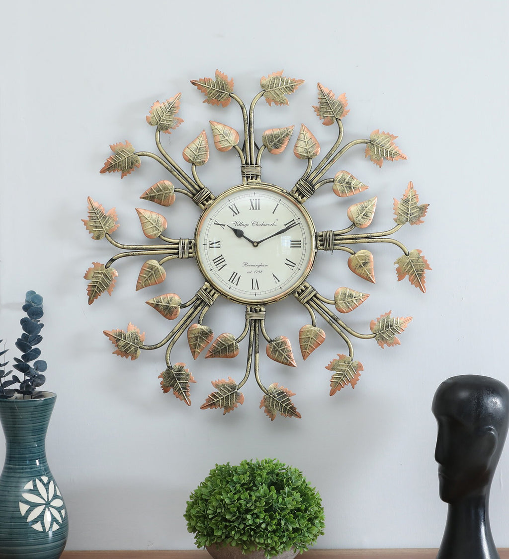 Elegant Leaf-Themed Metal Wall Clock
